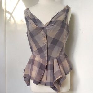 Anthropologie Fei Gray Plaid Fitted Peplum Blouse Cotton